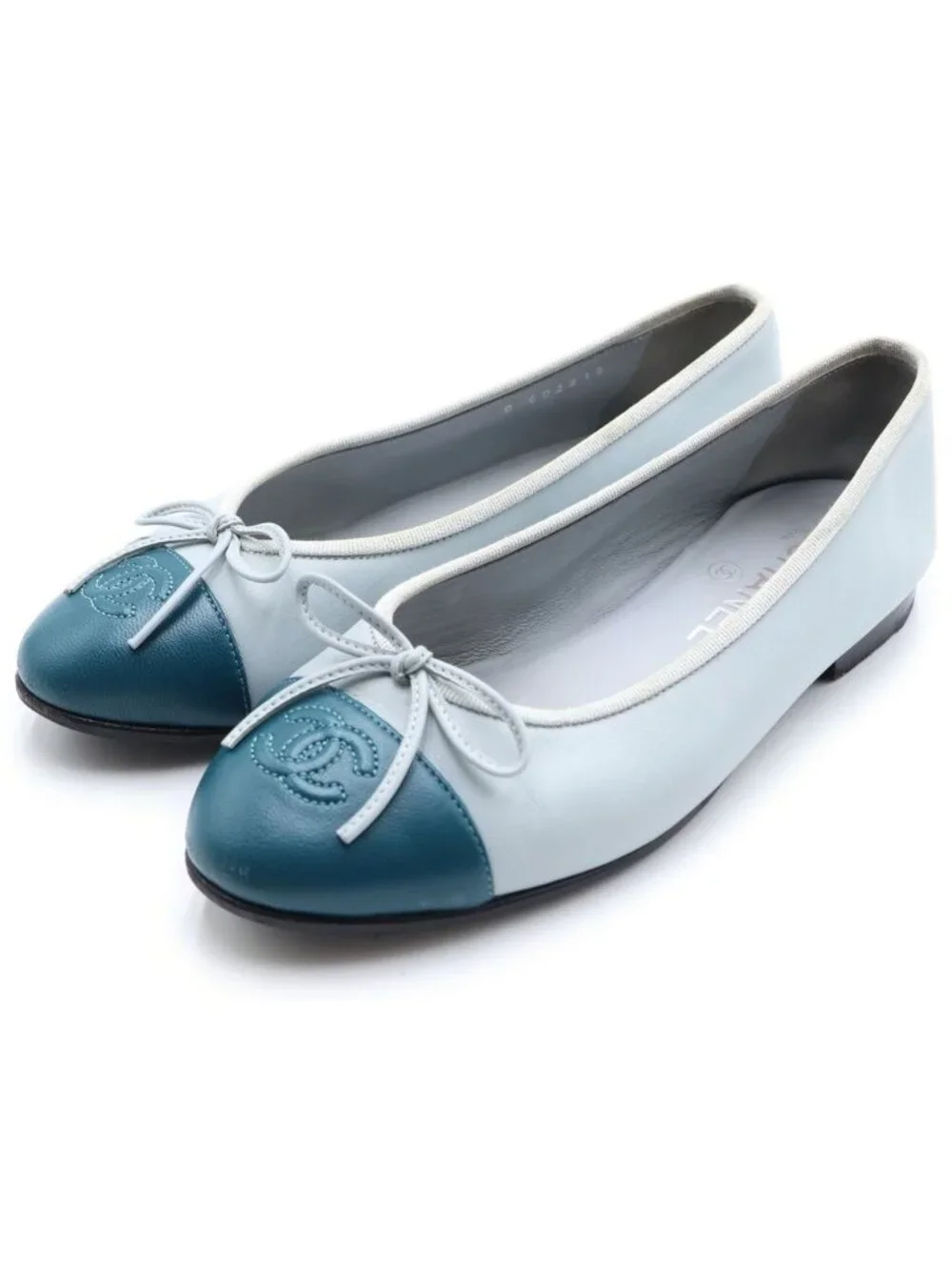 Chanel CC Logo Velours Nash Pumps Leather Blue Gray Heel